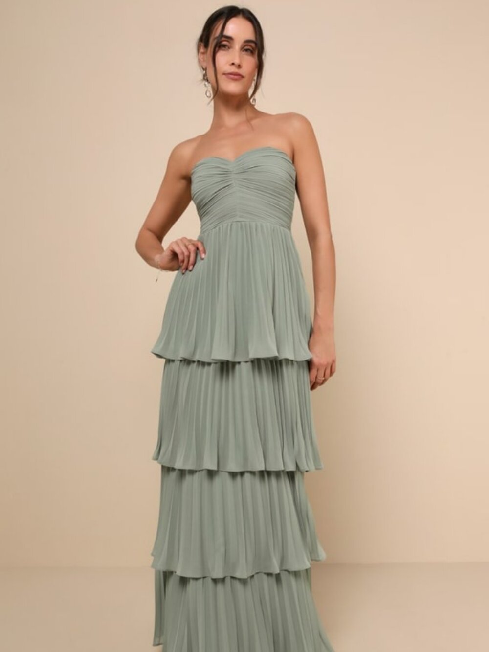 Lulus Seriously Sensational Sage Brush Strapless Tiered Maxi Dress Green